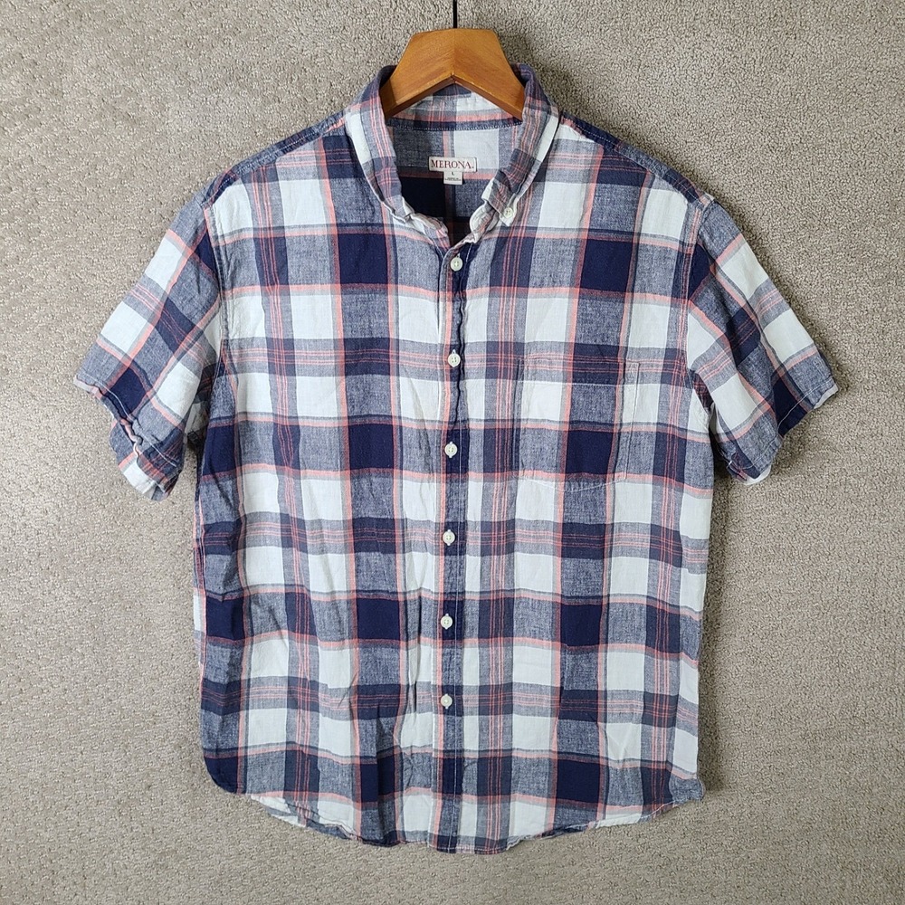 Merona Shirt Mens Large Blue Pink Plaid Short Sleeve Button Down Linen Cotton